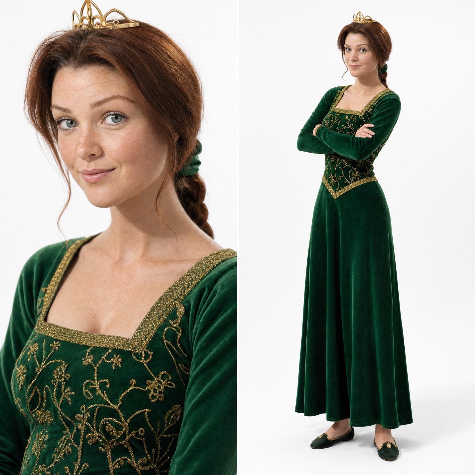 Fiona, personagem ruiva de trança, tiara dourada e vestido de veludo verde com bordados dourados, em retrato e corpo inteiro