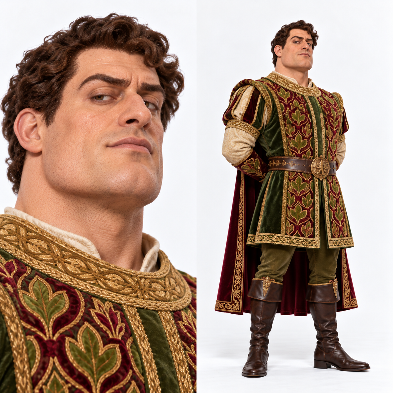 Nobre medieval de cabelos castanhos e figurino verde, vinho e dourado, em retrato e corpo inteiro